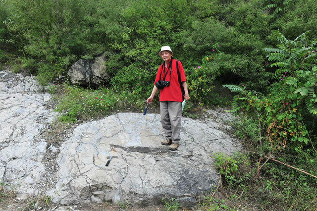 中国古地震研究的老专家乔秀夫先生站在液化溢出丘上